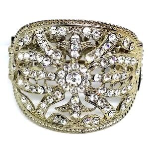 Vintage Rhinestone Cuff Bracelet Silver Tone Statement Jewelry‎ Women's Fashion